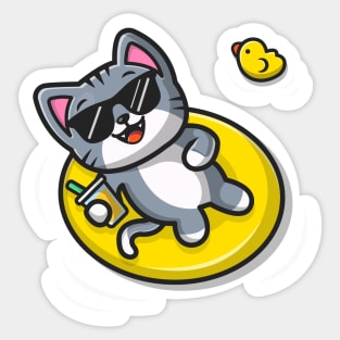 Cute Cat Floating With Swimming Tires Sticker